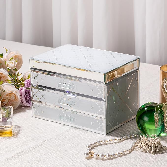 Glass Jewelry Box,Plaid & Sparkling Diamonds, 3-Tier Organizer for Women Girls,Jewelry Gift Decorative Boxes, Art Painting Tabletop Ornament Organizer For Earring Necklace Christmas Gifts