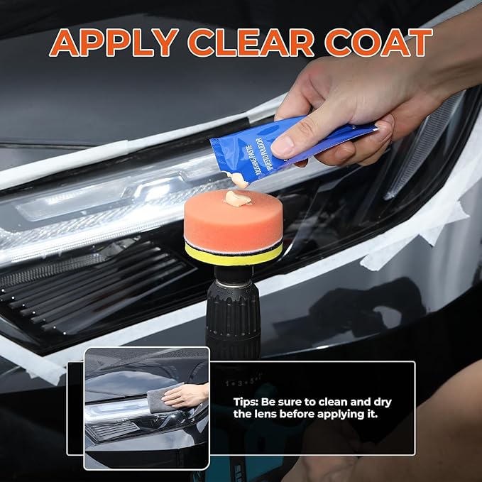 ISINFLASH Car Headlight Restoration Kit, 3 Easy Steps to Restore Sun Damaged Automotive Headlights Lens, Polish Restorer Cleaner Tool DIY Polishing, Sanding Discs, Scouring Pads for Electric Drill