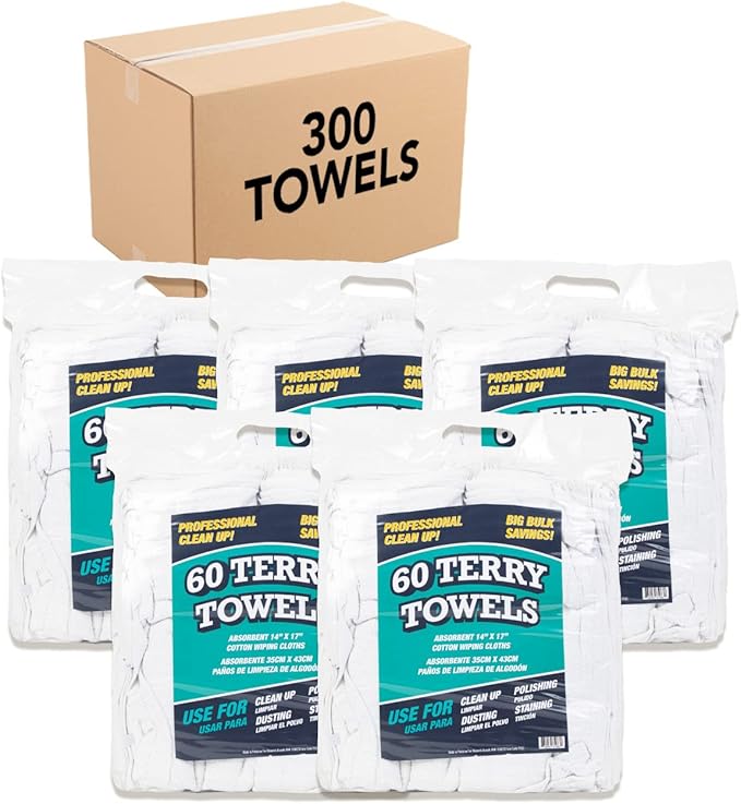 Arkwright TT60 Terry Cloth Towels for Cleaning - (Case of 300) 100% Cotton Washable Heavy Duty Bar Mop, Absorbent & Quick Drying, Bag of Rags for Kitchen, Auto Shop, and Garage, 14 x 17 in, White