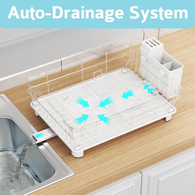 Ricobes Dish Drying Rack - Space Saving Dish Rack - Dish Racks for Kitchen Counter with Drainboard,Rustproof Dish Drainer with Removable Utensil Holder,White