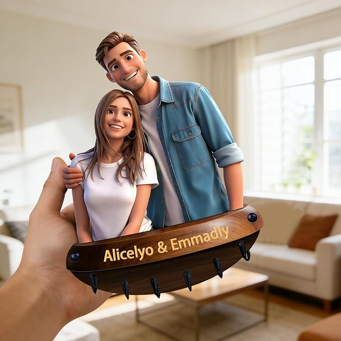 Personalized Ceramic Style Couple Photo Wall Mounted Hooks Custom 2D Flat Print Realistic Style Key Storage Holder for Bedroom Living Room Hallway Couple Photo Coat Rack Home Decor Gift for Lover