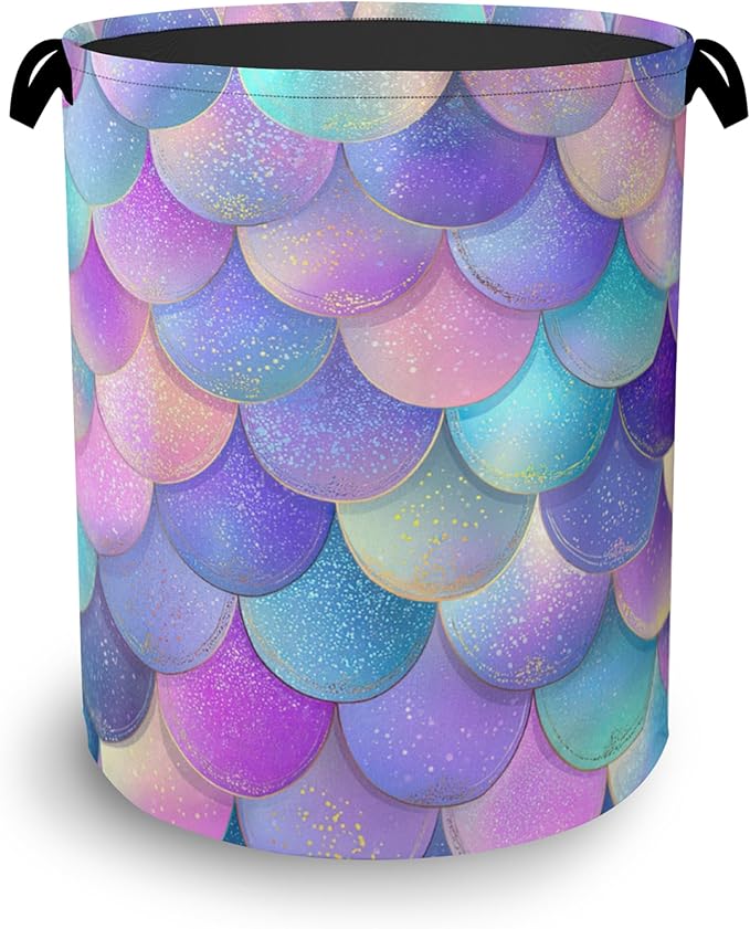Glitter Fish Scales Laundry Hamper,Mermaids Dirty Clothes Laundry Basket with Handles Waterproof Oxford Cloth Storage Basket for College Dorms Bathroom Bedroom 16" x 20.8"