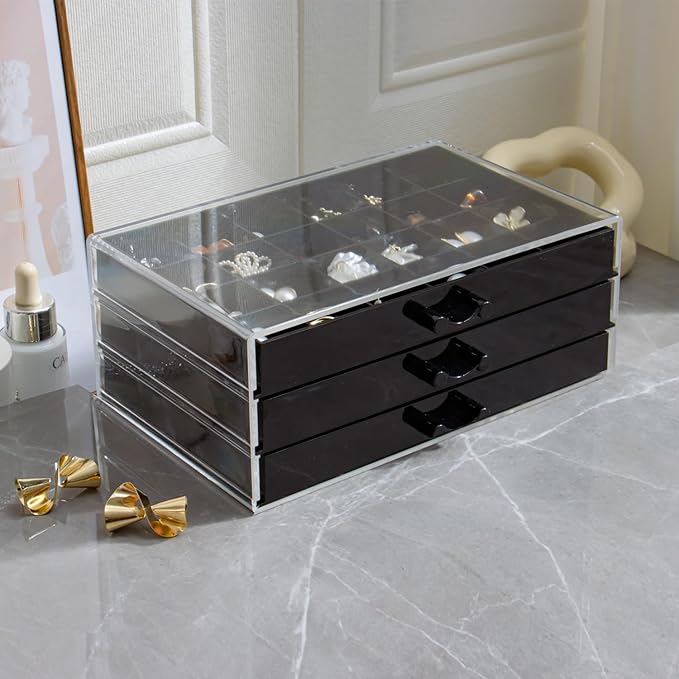 Earring Storage Box Organizer 3 Drawers Acrylic Jewelry Storage Box Holder Transparent Jewelry Display Stand with 72 Small Compartments Gift for Women Girls (Black)