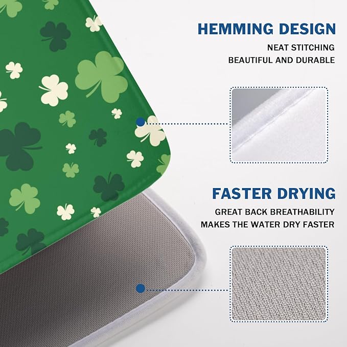 Wnoesat Green Shamrock St. Patrick's Day Dish Drying Mat for Kitchen Counter Lucky Clover large Dish Drying Pad Absorbent Reversible Microfiber Draining Pad Washable Drying Mats 18x24 Inch