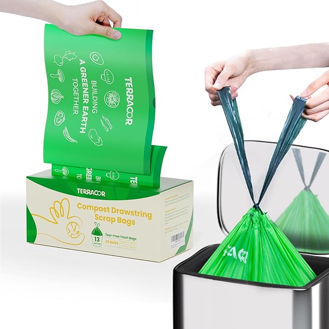 TERRACOR 13 Gallon Compostable Trash Bags Drawstring, Heavy Duty Extra Thick 1 Mil, 35 Bags, Tall Kitchen Food Scrap Waste Bag, ASTM D6400