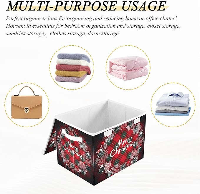 Christmas Baskets Collapsible Storage Bins with Lids, Christmas Monogram Wreath Tartan Plaid Storage Boxes Clothes Baskets for Organizing