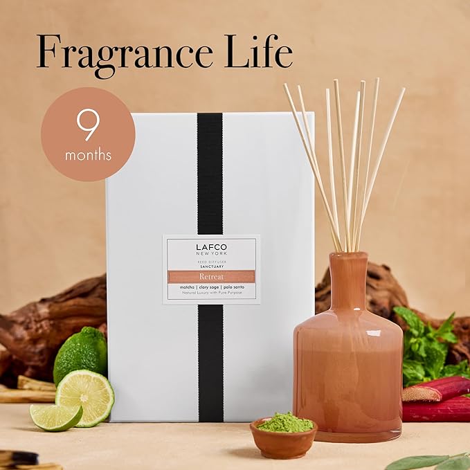 LAFCO New York Signature Reed Diffuser, Retreat - 15 oz - Up to 9 Months Fragrance Life - Reusable, Hand Blown Glass Vessel - Natural Wood Reeds - Made in The USA