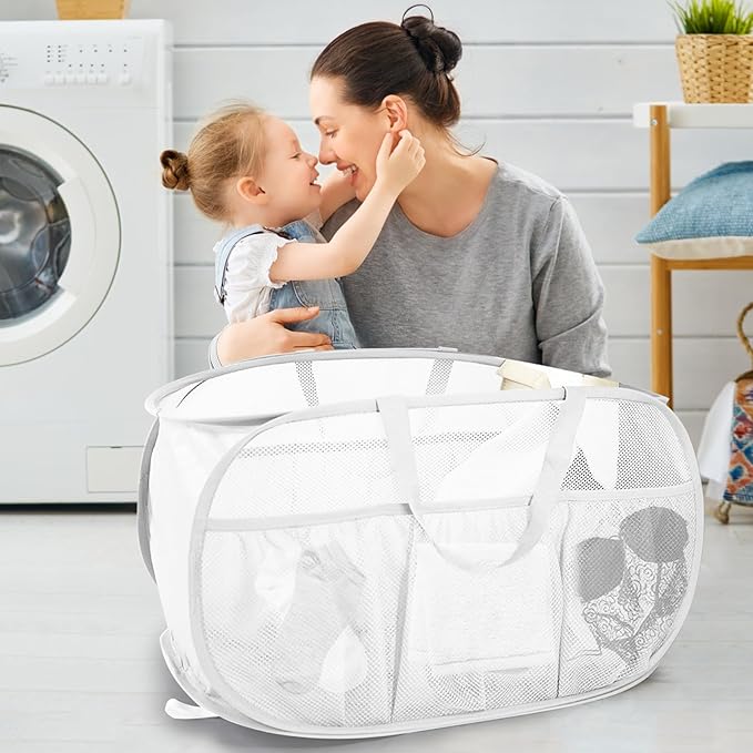 Collapsible Laundry Baskets, Upgrade Pop Up Laundry Hamper with Convenient Bags, Foldable Laundry Basket Mesh Light Weight, Easy to Carry Clothes Hampers for Laundry, Dorm, Toys, Travel White
