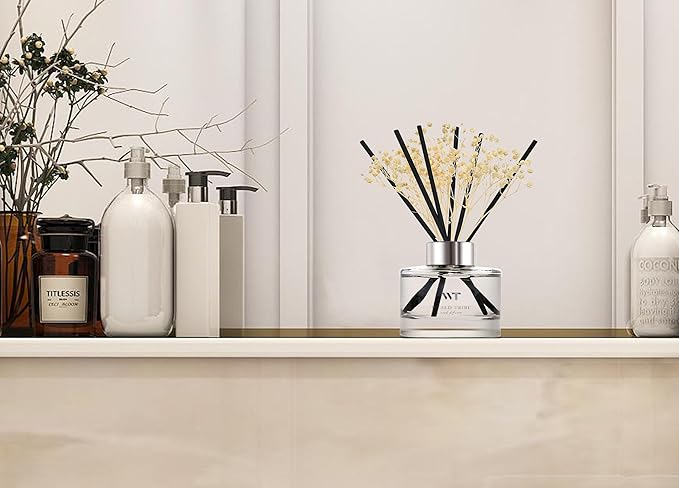 WEALD TRIBE Flower Reed Diffuser Set White Jasmine Scent for Bathroom Accessories Shelf Decor & Air Fresheners, Fresh Air Sticks Defusers with 5.1 fl oz Essential Oils, House Office Decor & Gifts