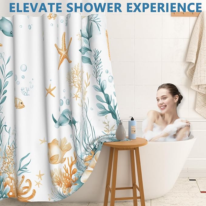 Hook-Free Ocean Shower Curtain with Translucent Top Window, Shower Curtain with Snap in Liner and Weighed Hem, Waterproof Bathroom Shower Curtains, Ocean Themed Bathroom Decor, 71x74 Inch