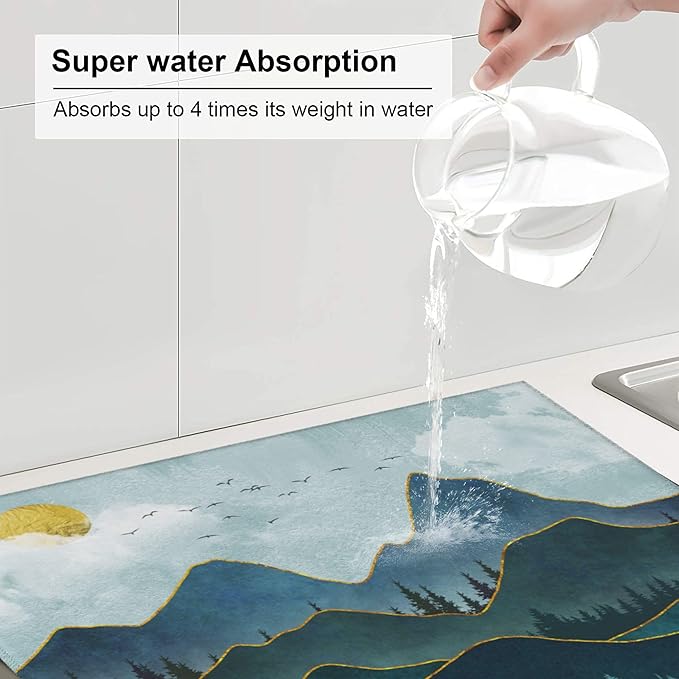 Mountain Peaks Nature Landscape Kitchen Drying Mat Modern Decorative Microfiber Dish Drainer Mat for Kitchen Counter Absorbent Reusable Washable 16x18 Inch
