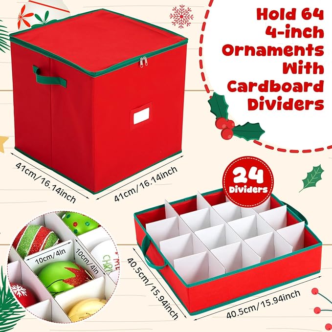Pinkunn 64pcs 4in Christmas Ornament Storage Box with Dividers Tray Stores Holiday Ornament Adjustable Dividers Double Zipper Label Slot Two Handles Storage Container Box Keeps Xmas Decor(red)