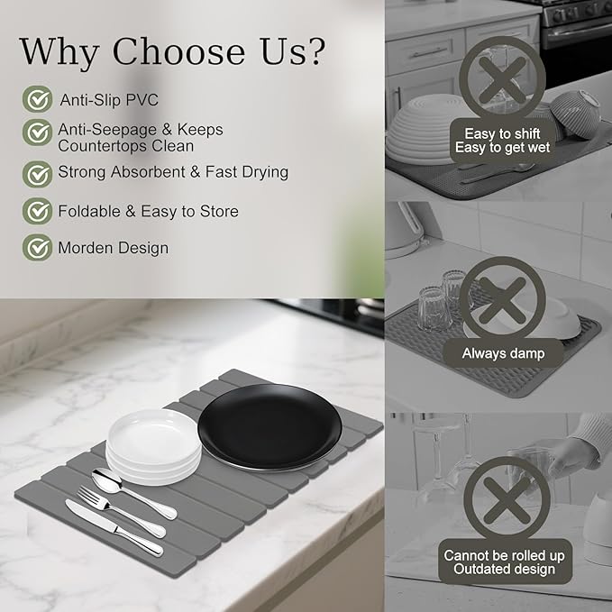 Hopegiver Stone Drying Mat for Kitchen Counter, 24"x16" Dark Gray Quick Drying Stone Mat, Super Absorbent Diatomaceous Earth Dish Drying Mat for Counter, Collapsible Design with Sanding Tools