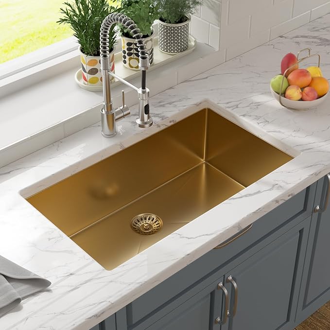 Lordear 32 Undermount Kitchen Sink Matte Gold 32X19 Kitchen Sinks16 Gauge Stainless Steel Deep Single Bowl Handmade Sink Basin