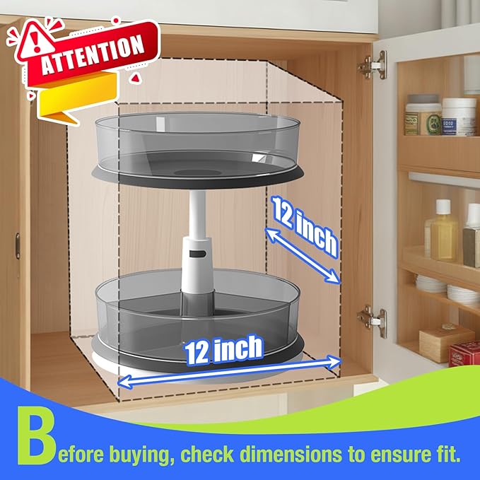 DIHUMK 2 Tier Lazy Susan Turntable Organizer for Medicine Cabinet Bottle Pantry Countertop with Clear Large Spice Rack 11 Inch Grey