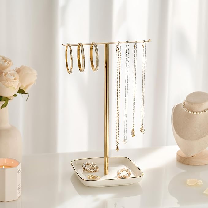 pickpiff Necklace Holder Stand with Ceramic Base: 12" Jewelry Tree Display Organizer for Necklaces, Bracelets, Rings, Earrings, Tall Gold Stand for Women, Aesthetic Room Décor
