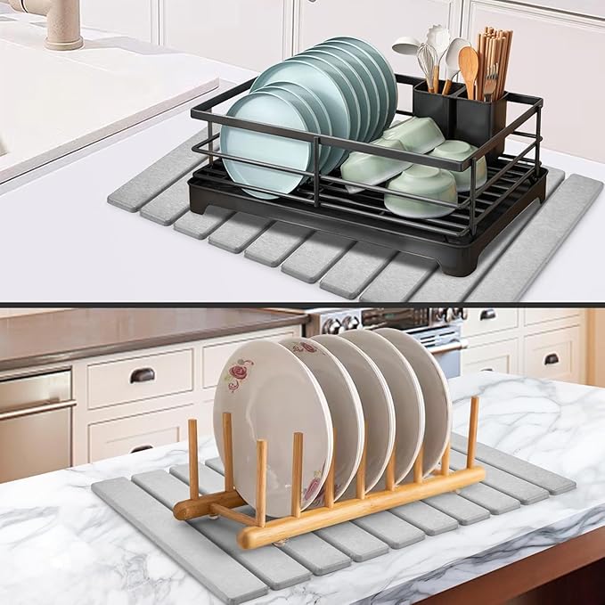 Stone Drying Mat for Kitchen Counter, Stone Dish Drying Mat Foldable, Super Absorbent Diatomaceous Earth Quick-drying Draining Mat for any Kitchen Countertop (Medium Gray B, 23.6”x15.4”)