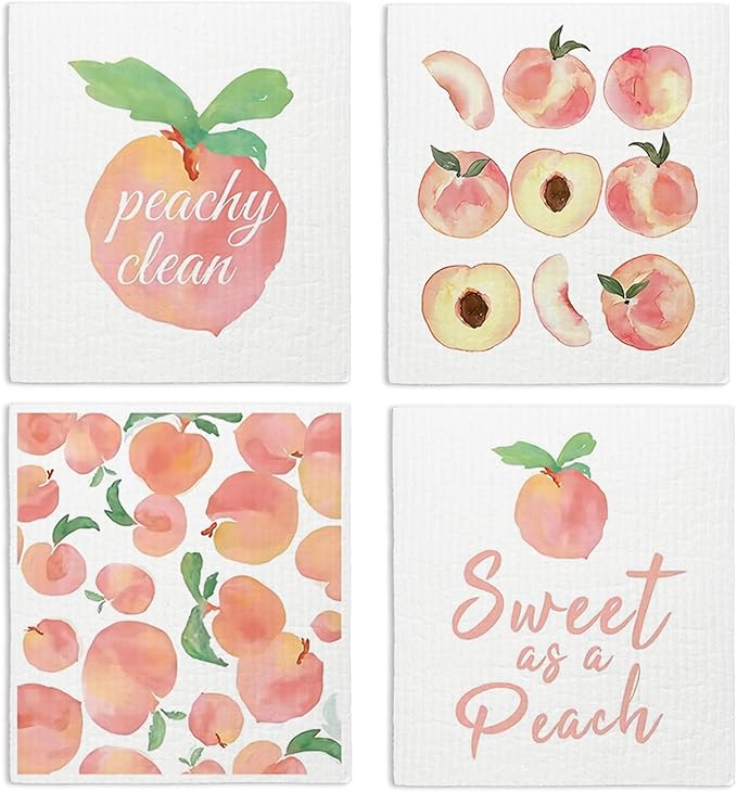 LARTSFRO Peach Swedish Dishcloths for Kitchen, Pink Peach Cute Swedish Dish Cloths for Friut, Papaya Reusable Paper Towels, 4 Pack Cleaning Cloth for Kitchen, Reusable Paper Towels Washable