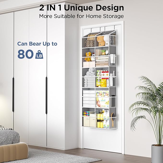PureSpace 5-Tier Over The Door Organizer with 10 Side Mesh Pockets & Clear Windows, 80 lb Weight Capacity Hanging Storage for Bathroom, Bedroom, Nursery, Kitchen, Organizer Toys(Clear Grey)