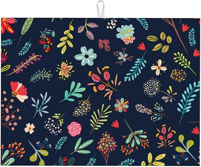 Large Dish Drying Mat for Kitchen Counter,18"X24" Colorful Flowers Plants Super Absorbent Reversible Microfiber Dish Drying Mat Dish Drainer Mat Drying Pad for Kitchen Countertop Coffee Bar