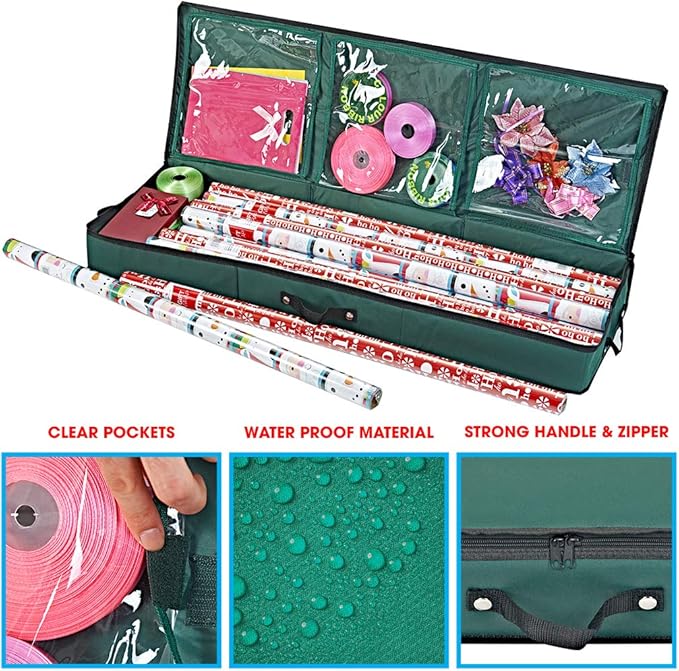 Primode Wrapping Paper Storage Container | Gift Wrap Organizer Under Bed | 41”x14”x6” | Box Holder for 18-24 Rolls Up to 40” | 600D Oxford Material | Pockets for Ribbon, Bows, and Accessories (Green)
