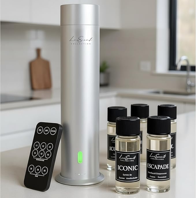 Wireless Aroma Diffuser Scent Oil - Home Luxury Portable Scent Diffuser - Remote Control Waterless Diffuser - 1000 sq. ft Coverage - Essential Oil 20ml Sample Pack Included - Aromatherapy (Silver)
