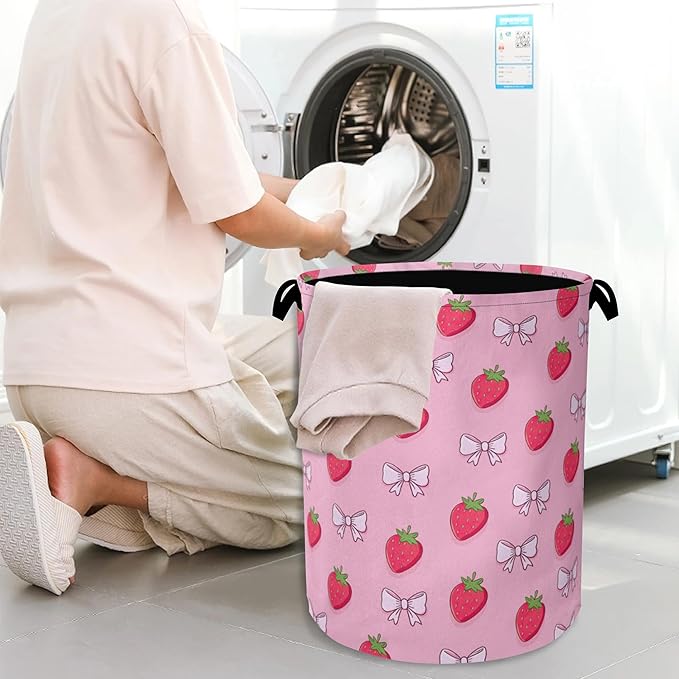 Cute Strawberry Laundry Basket,Bow Foldable with Handles Tote Bag Oxford Cloth for Bathroom Bedroom Dirty Clothes Storage Bucket 16" x 20.8"