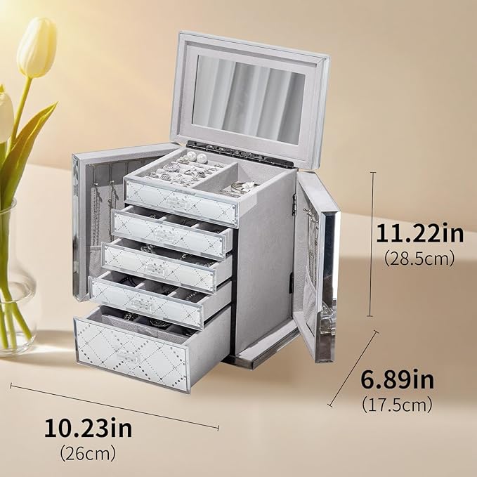 Glass Jewelry Box, 5-Layer Storage Case,Jewerly Boxes for Women Girls,Jewelry Gift Decorative Boxes, Art Painting Tabletop Organizer For Earring Necklace Watch Christmas Gifts