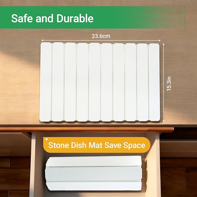 Large Stone Dish Drying Mats for Kitchen Counter, 24"(L)×16"(W),Eco-friendly, Instant Drying Pad,Diatomaceous Earth Water Absorbing Mat, Foldable and Super Absorbent Dish Drying Stone Mat