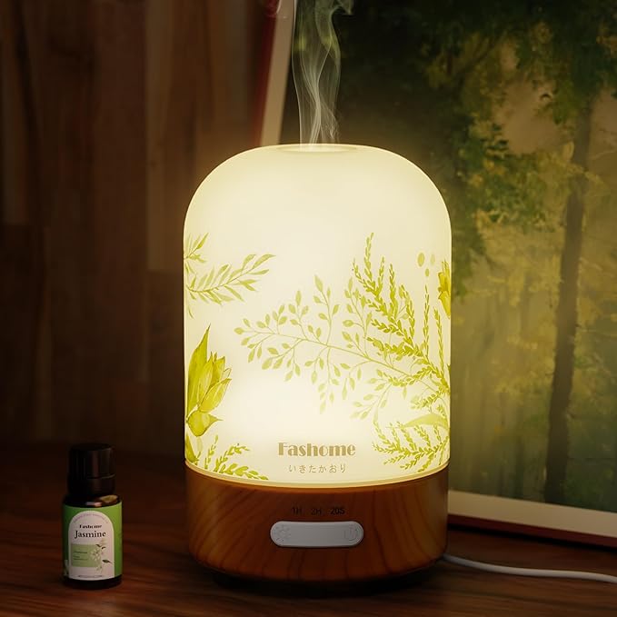 Essential Oil Diffuser Hand Blown Glass, 100ml Small Aromatherapy Diffuser, Auto Shut-Off Function, Ultrasonic Diffusers for Essential Oils, Cool Mist Humidifier with Warm White Lights (Jasmine)