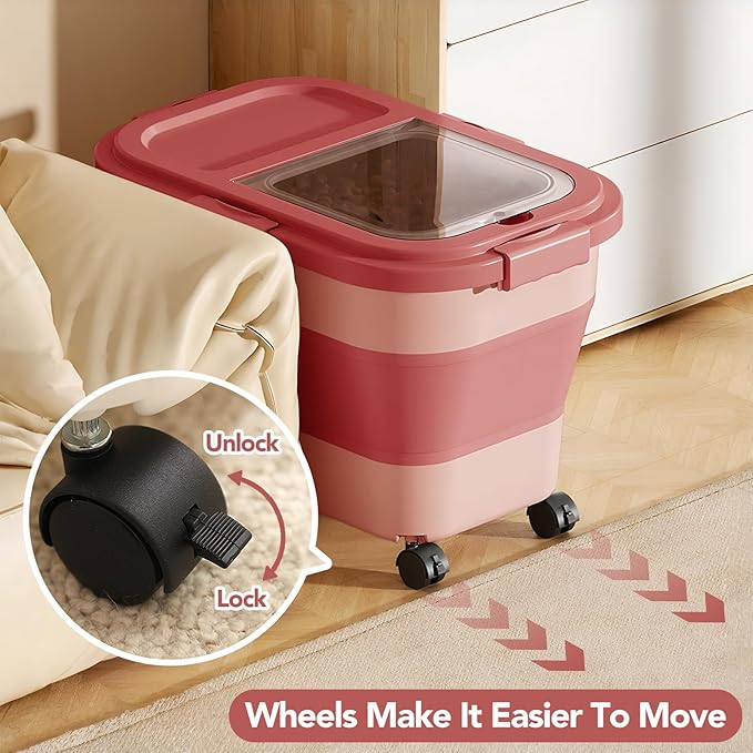 Summark 15 Lbs Dog/Cat Food Storage Container,Collapsible Food Storage Containers with Rolling Wheel Airtight Locking Lid,Pet Food Storage Container with Cup and Scoop,Pink