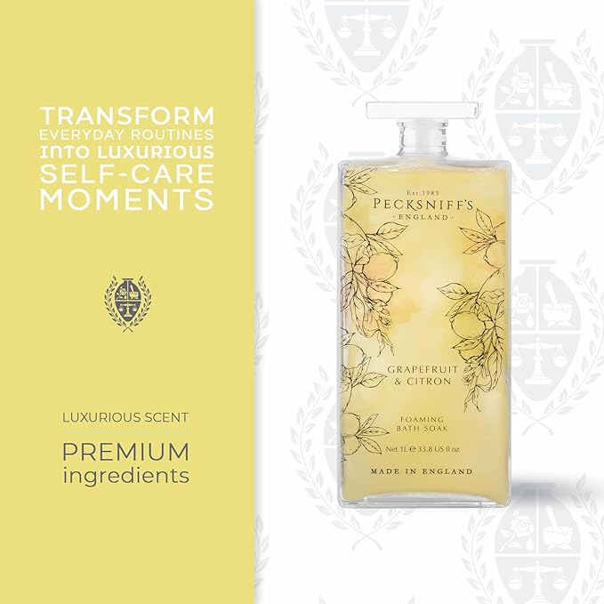Pecksniff’s Grapefruit & Citron Foaming Bath Soak – Luxury Bubble Bath, 1L / 33.8 fl oz, Made in England