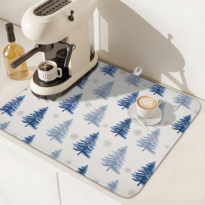 ABSOP Winter Dish Drying Mat 16 x 18 Inch Blue Tree Dish Drying Pad Absorbent Microfiber Mats for Snowflake Dish Rack Pad for Holiday Kitchen Counter Coffee Bar Decor