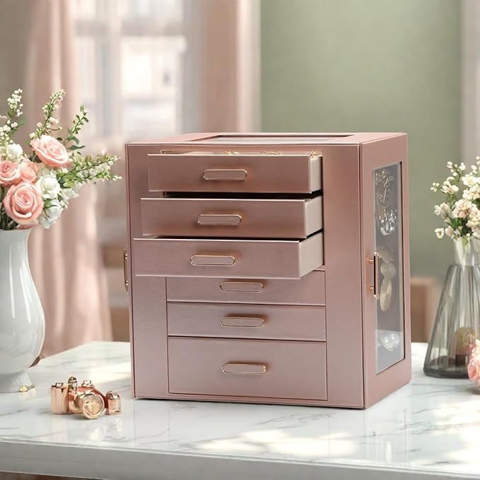 Jewelry Boxes for Women, 6 Layer Jewelry Organizer with Glass Lids, Jewelry Holder Organizer with 5 Drawers and 2 Glass Doors for Jewelry Storage, Big Jewelry Box for Womens Gift (Rose Gold)