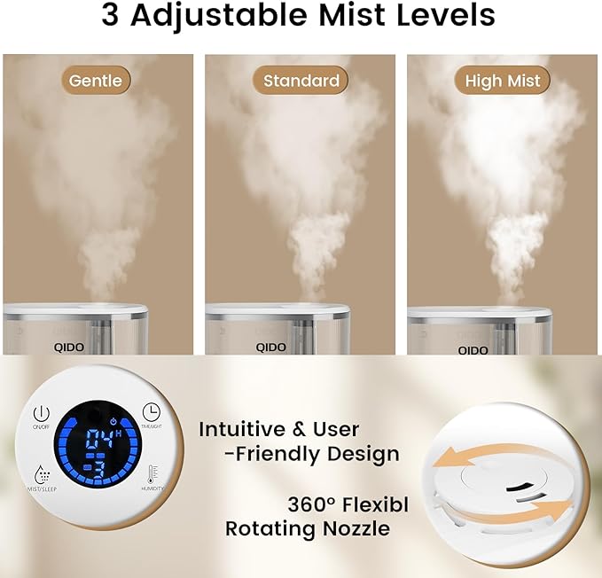 QIDO Top Fill Humidifiers for Bedroom, 5 L Cool Mist 36H Super Long Time, Quiet 28dB Essential Oil Diffuser for Baby & Plants, 3 adjustable Mist with Touch/APP/7-color Nightlight, Auto Shut-off, White