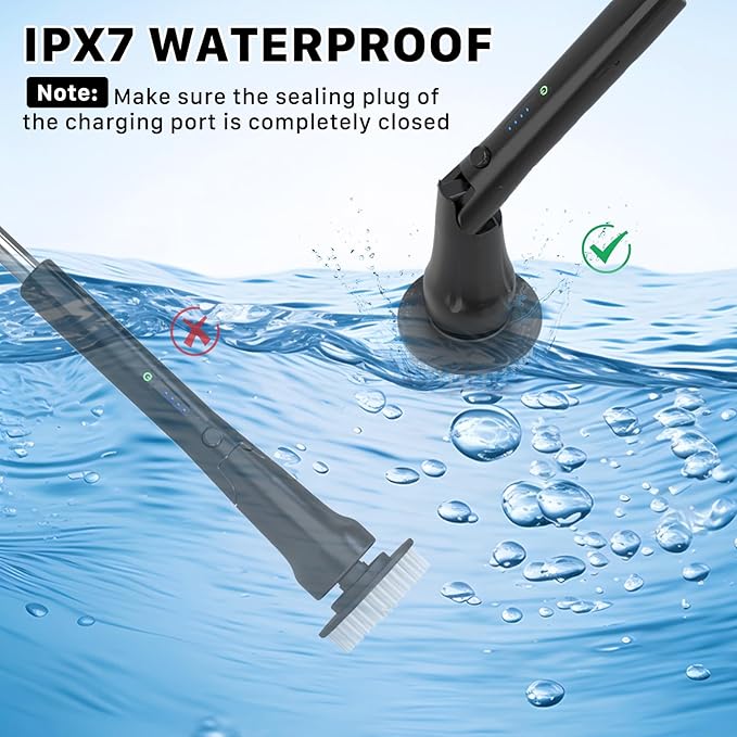 Electric Spin Scrubber, Hillyfe Bathroom Scrubber Electric with 7 Replaceable Brush Heads, IPX7 Waterproof,300/400 RPM, 3 Adjustable Length,Scrubber Brush Electric for Bathtub Floor,Black