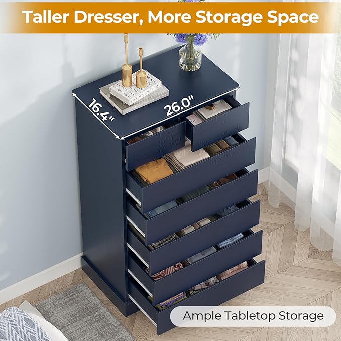 Hasuit Tall Dresser with 7 Drawers for Bedroom, 51.8'' High Chest of Drawers Storage Organizer for Closet, Modern Taller Clothes Storage Tower with Ample Storage Space, Navy Blue