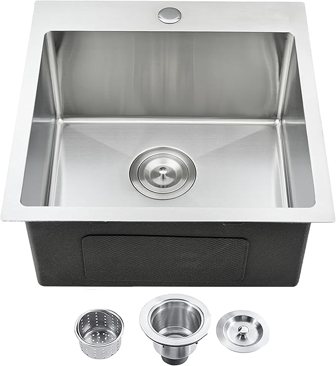 VCCUCINE Bar Sink Drop in,18 x 18 Inch Topmount RV Small Kitchen Sink,Handmade Stainless Steel Wet Bar Sink,Outdoor Single Bowl,Brushed Nickel Prep Sink with Drain