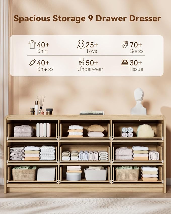 Fluted 9 Drawer Dresser for Bedroom, 57" Wide Chest of Drawers, Curved Profile Design, Wooden Dresser TV Stand for Living Room, Hallway, Natural Oak