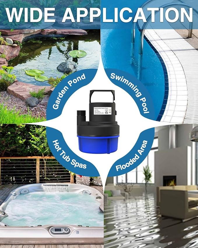 Submersible Sump Pump, 1HP 3200GPH Portable Water Pump Clean Dirty Water, Utility Pump with 25 FT Cord for Swimming Pool, Boats, Garden, Basement, Flood, Ponds