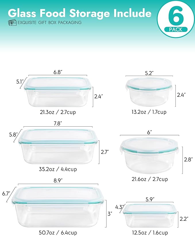 BOROHOUSE 6-Piece Borosilicate Glass Food Storage Containers Set with Airtight Lids - Oven, Microwave & Freezer Safe, Leak-Proof, BPA-Free - Baking, Meal Prep & Gift Ready