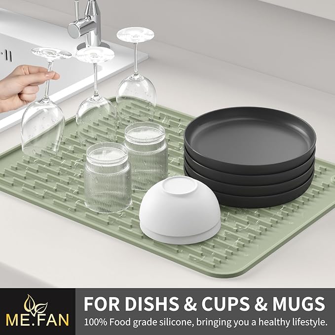 ME.FAN Silicone Dish Drying Mat for Kitchen Counter, Dish Drying Pad for Sink, Refrigerator or Drawer, Countertop Protection Pad M - 16''×12'' - Desert Sage