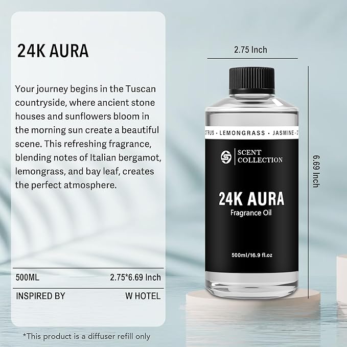Luxury Hotel Scent 24K Aura Diffuser Oil Waterless Essential Aromatherapy for Cold Air & Car Diffusers – Long Lasting Refill for Large Room & Home - Non Toxic, Signature Lemongrass (500ml/16.9Fl oz)