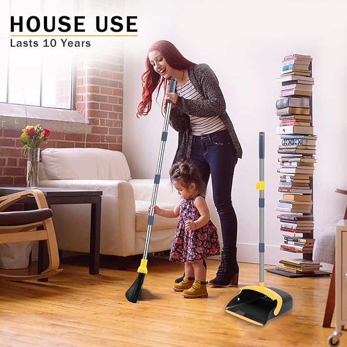 DJDTDTY 2-Pack is More economical，Upgraded Broom and Dustpan， with 52" Long Handle, Dustpan Teeth with self-Cleaning Function, Indoor and Outdoor Sweeping, Perfect for Home Office