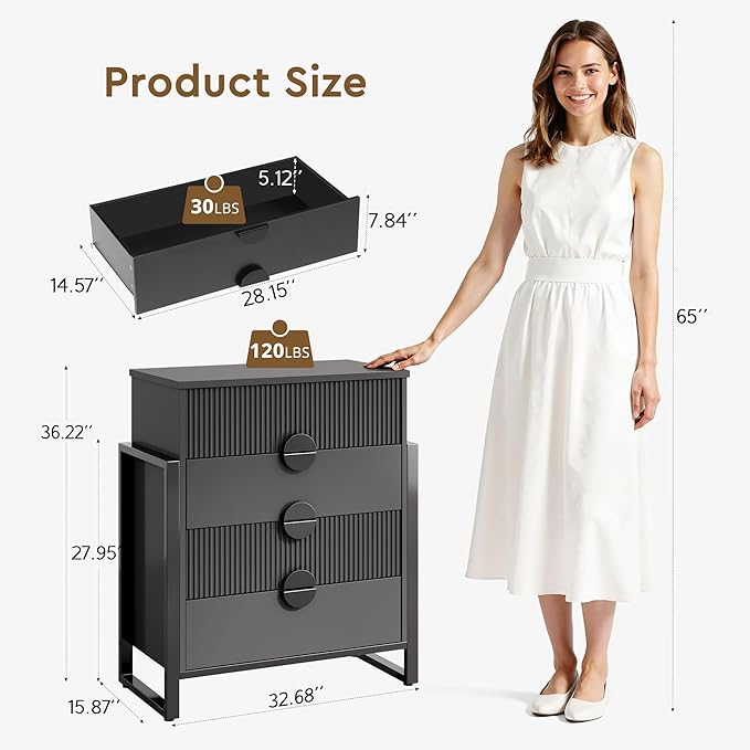 Fluted Dresser for Bedroom with 4 Drawers, 36.2" Tall Chest of Drawers with Raised H Legs and Curved Profile Design, Wood Closet Clothes Storage Organizer for Bedroom, Hallway, Black