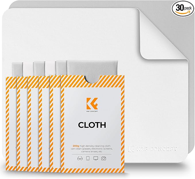 K&F CONCEPT 30 Pack Lens Cleaning Cloth | Microfiber Cleaning Cloth | Glasses Cleaning Cloths | Eyeglass Lens Cleaner | Eyeglasses, Camera Lens, VR/AR Headset, and Screen Cleaning | White & Grey