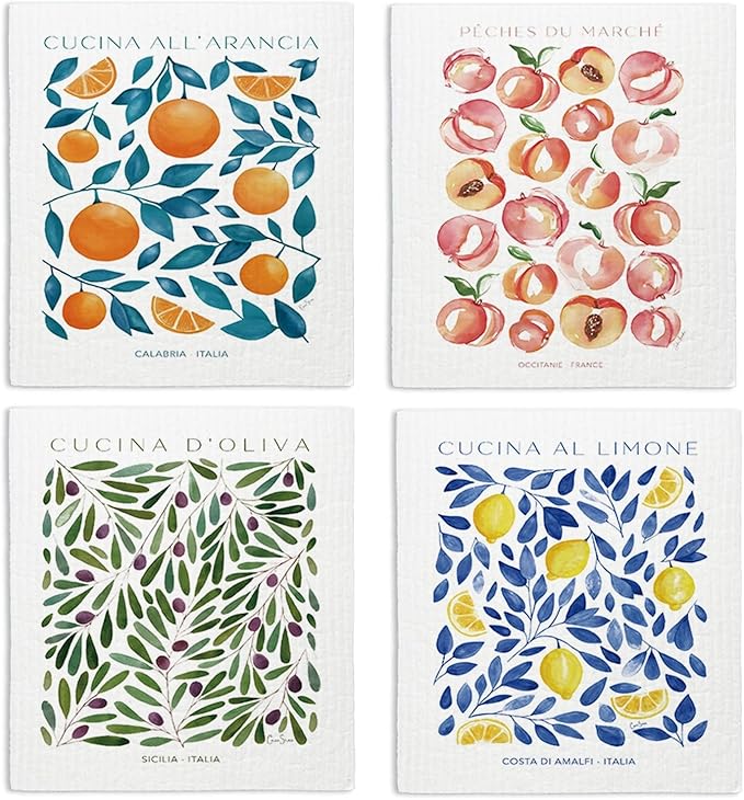 LARTSFRO Swedish Dishcloths for Kitchen, Papaya Reusable Paper Towels Washable, Cucina Doliva Oranges Peach Lemon Swedish DishCloths for Friut, 4 Pack Dish Towels for Kitchen