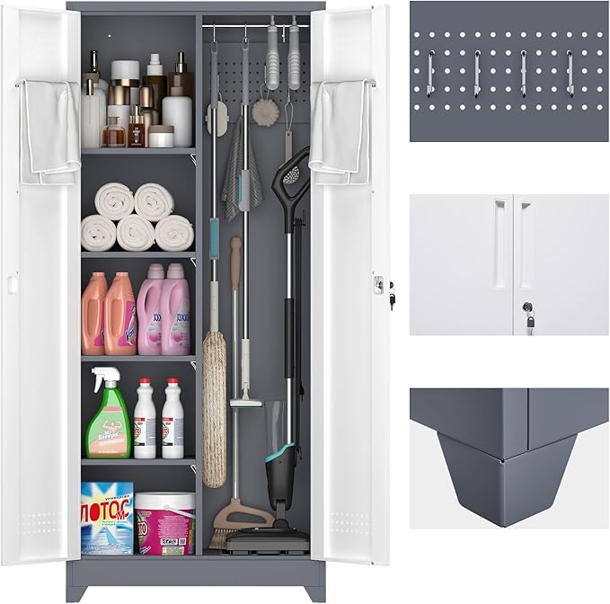 73" H Broom Closet Storage Cabinet, Metal Storage Cabinet with Adjust Shelves,Utility Cabinet,Utility Closet for Garage,Gray-White