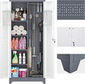 73" H Broom Closet Storage Cabinet, Metal Storage Cabinet with Adjust Shelves,Utility Cabinet,Utility Closet for Garage,Gray-White