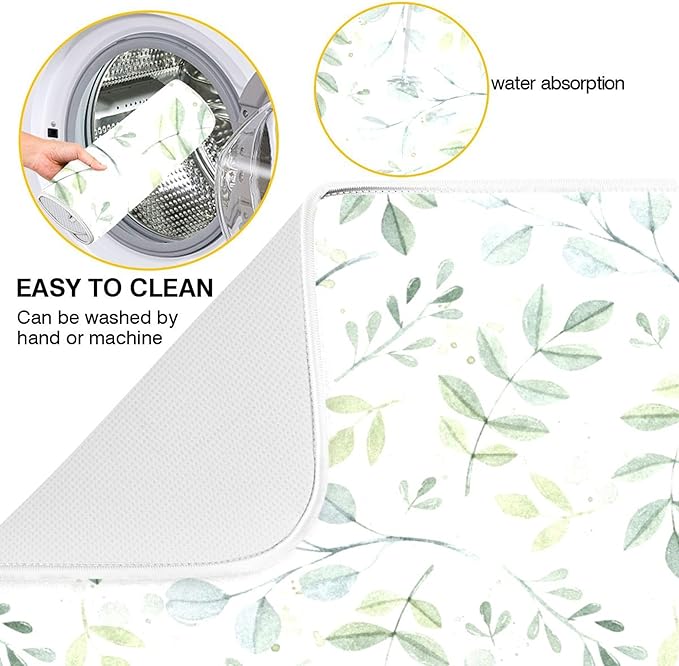 Eucalyptus Leaves Dish Drying Mat for Kitchen Countertop 16x18 Green Small Drying Mat Reusable Quick Dry Dish Sink Mats Easy Clean Decorative Essentials